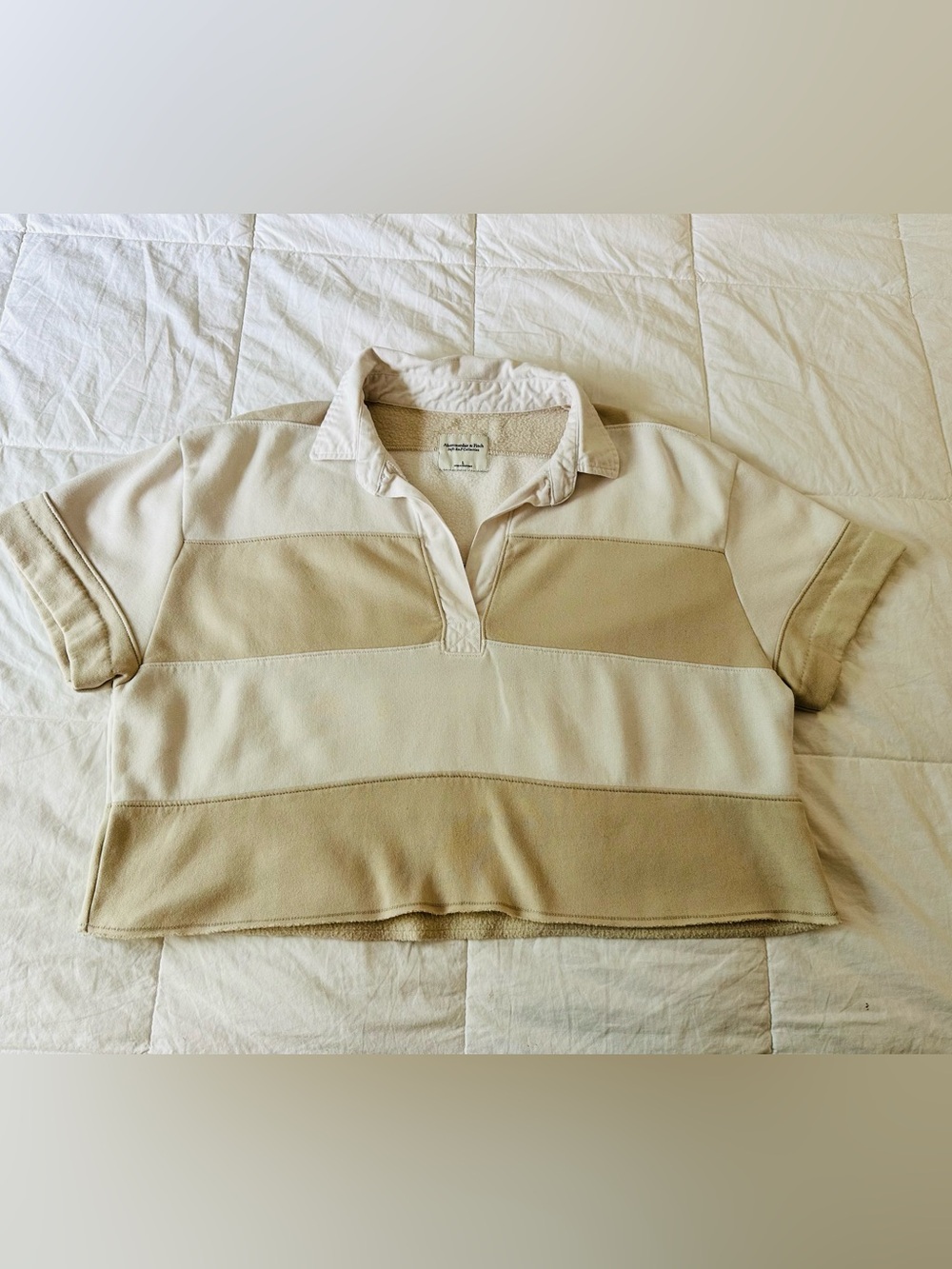 Abercrombie & Fitch Striped Cropped Rugby Polo - Cream & White L